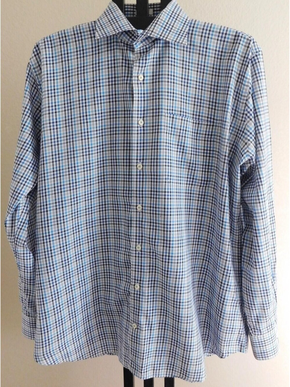 Peter Millar Men's Dress Shirt Size XL Blue Gray Plaid Check 100% Cotton Luxury